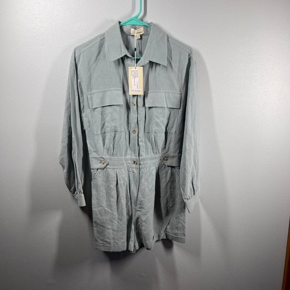 Anthropologie Blue Linen Utility Romper Small washed but never worn!